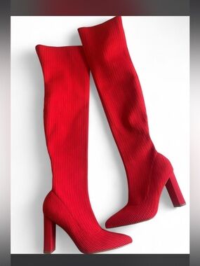 SHOE TIME “Only Fans” Red Knee-High Knit Stretch Sock Boots - Women